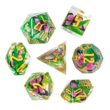 Pink Butterfly in Clear Filled Sharp Resin - 7pcs RPG Dice Set